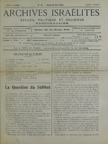 Archives israélites de France. Vol.75 N°26 (25 juin 1914)